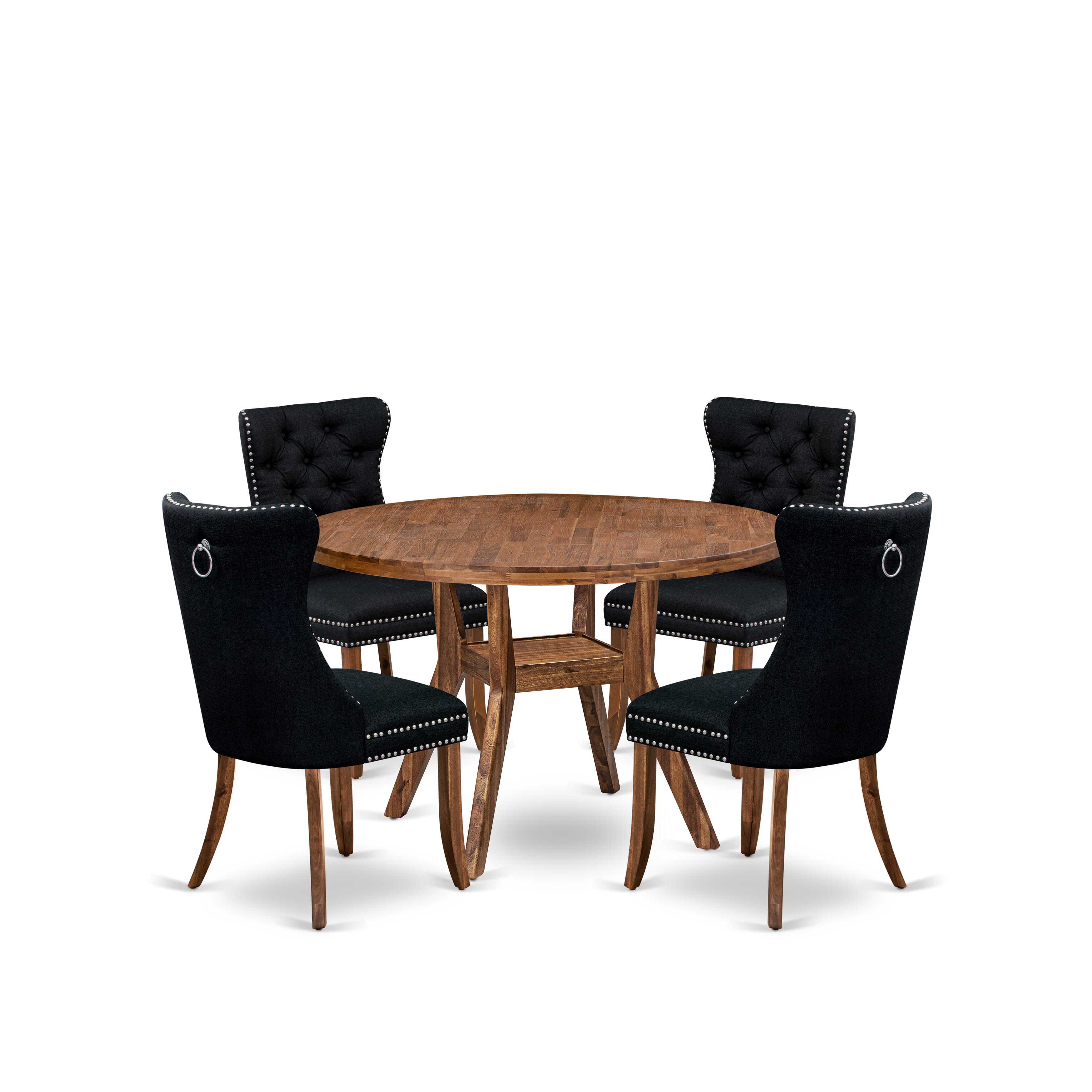 Luxe by East West Furniture I8DA5-40N-24 5-Piece Dining Table Set with Linen Fabric 4 Black Kitchen chairs, Button-Tufted Backs, and a 48"Round Dinner Table in Antique Walnut Finish.