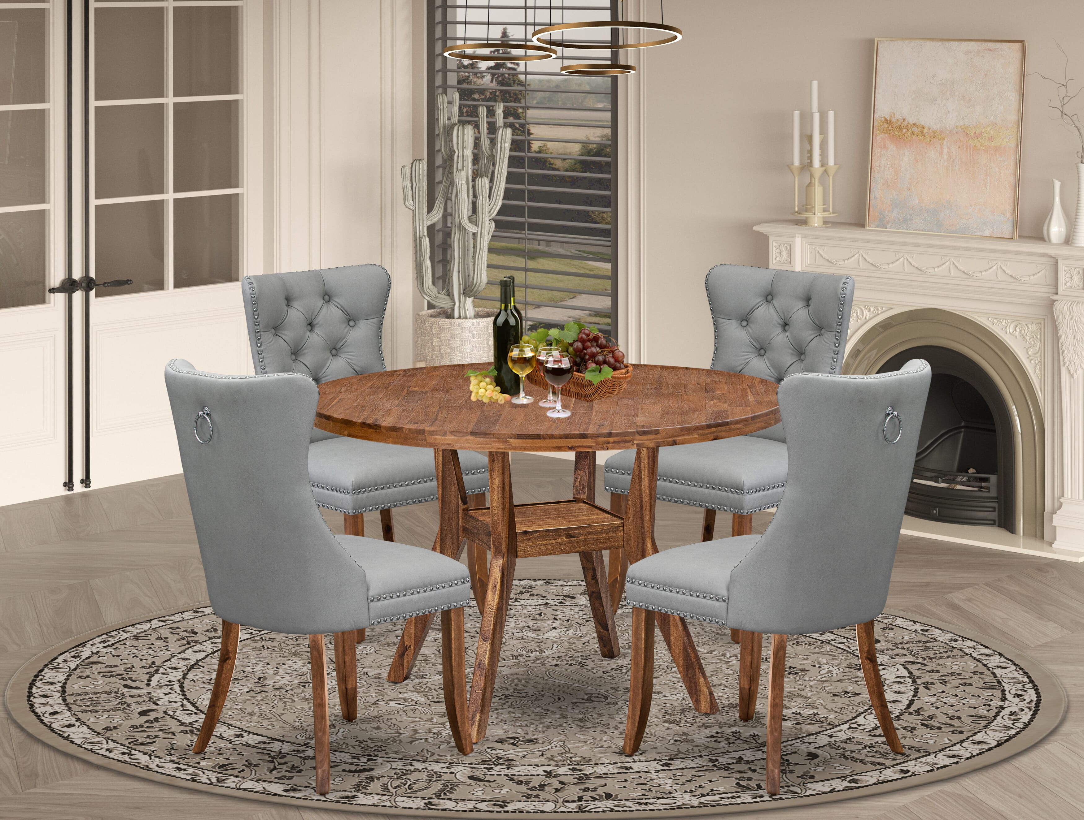Luxe by East West Furniture I8DA5-40N-27 5-Pc Dining Set Contain a Wooden Dining Table and 4 Light Gray Faux Leather Dining Chairs with Button-Tufted Back, Antique Walnut