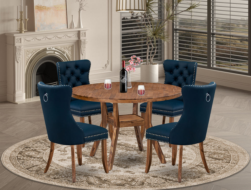 Luxe by East West Furniture I8DA5-40N-29 5-Piece Mid Century Kitchen Set with Faux Leather 4 Navy Blue parson chairs, Button-Tufted Backs, and a 48"Round Table in Antique Walnut Finish.