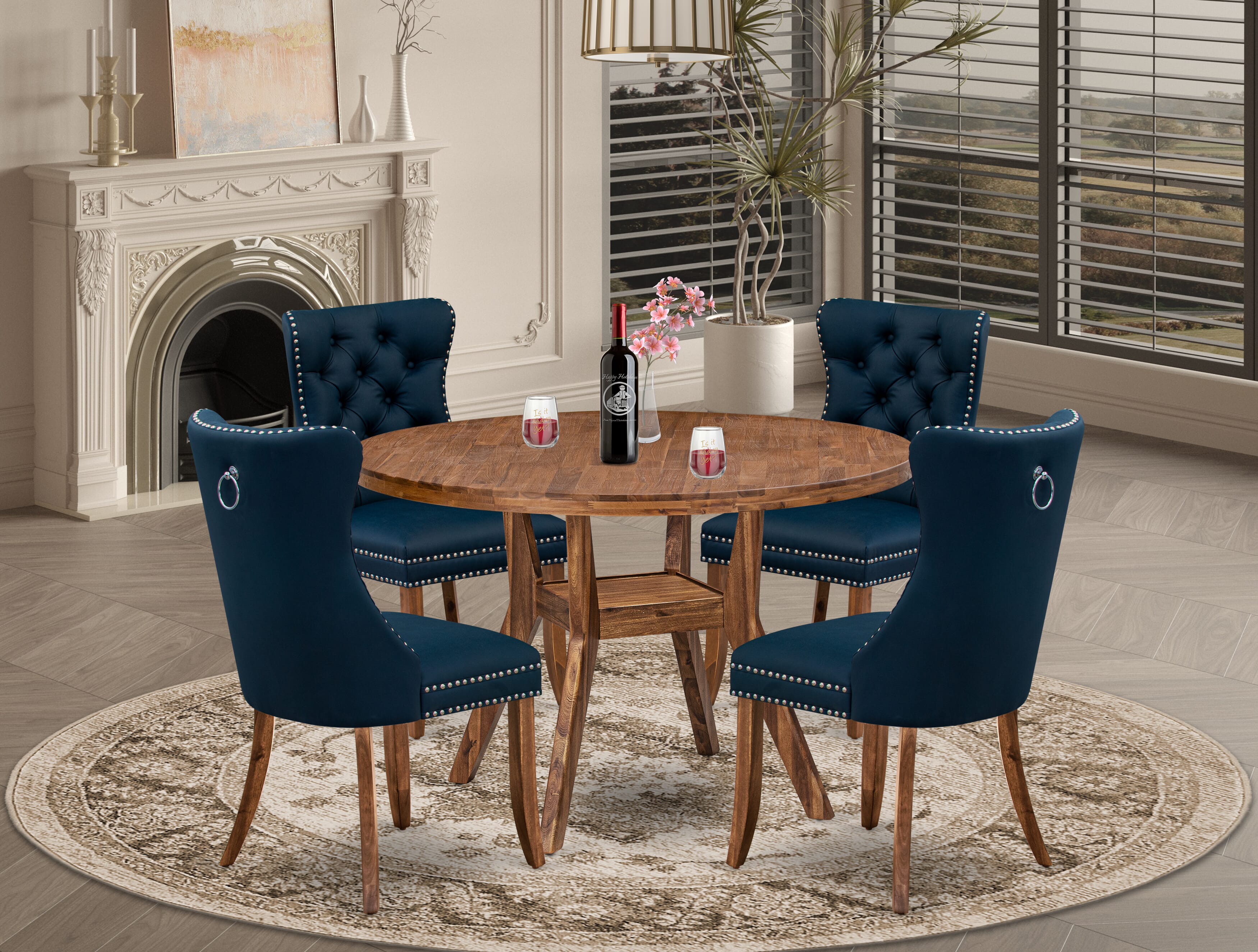 Luxe by East West Furniture I8DA5-40N-29 5-Piece Mid Century Kitchen Set with Faux Leather 4 Navy Blue parson chairs, Button-Tufted Backs, and a 48"Round Table in Antique Walnut Finish.
