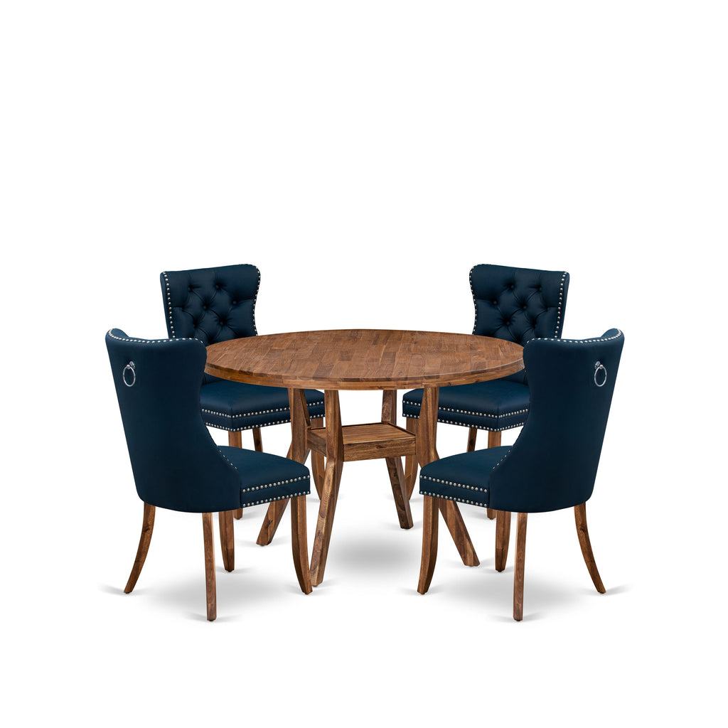 Luxe by East West Furniture I8DA5-40N-29 5-Piece Mid Century Kitchen Set with Faux Leather 4 Navy Blue parson chairs, Button-Tufted Backs, and a 48"Round Table in Antique Walnut Finish.