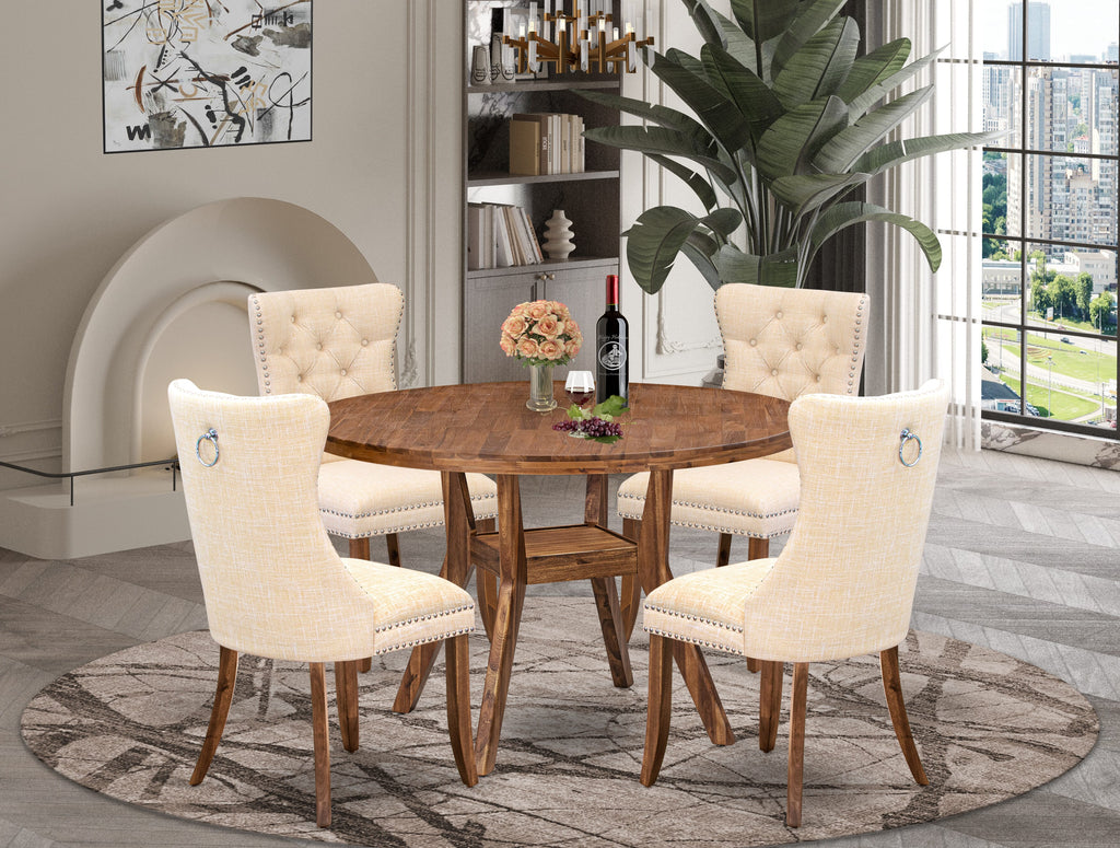 Luxe by East West Furniture I8DA5-40N-32 5-Piece Dining Set with Linen Fabric 4 Light Beige Padded Dining chairs, Button-Tufted Backs, and a 48"Round Kitchen Table in Antique Walnut Finish.