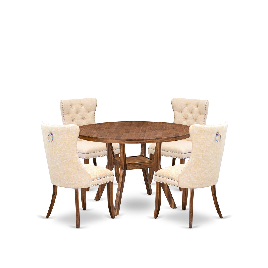Luxe by East West Furniture I8DA5-40N-32 5-Piece Dining Set with Linen Fabric 4 Light Beige Padded Dining chairs, Button-Tufted Backs, and a 48"Round Kitchen Table in Antique Walnut Finish.