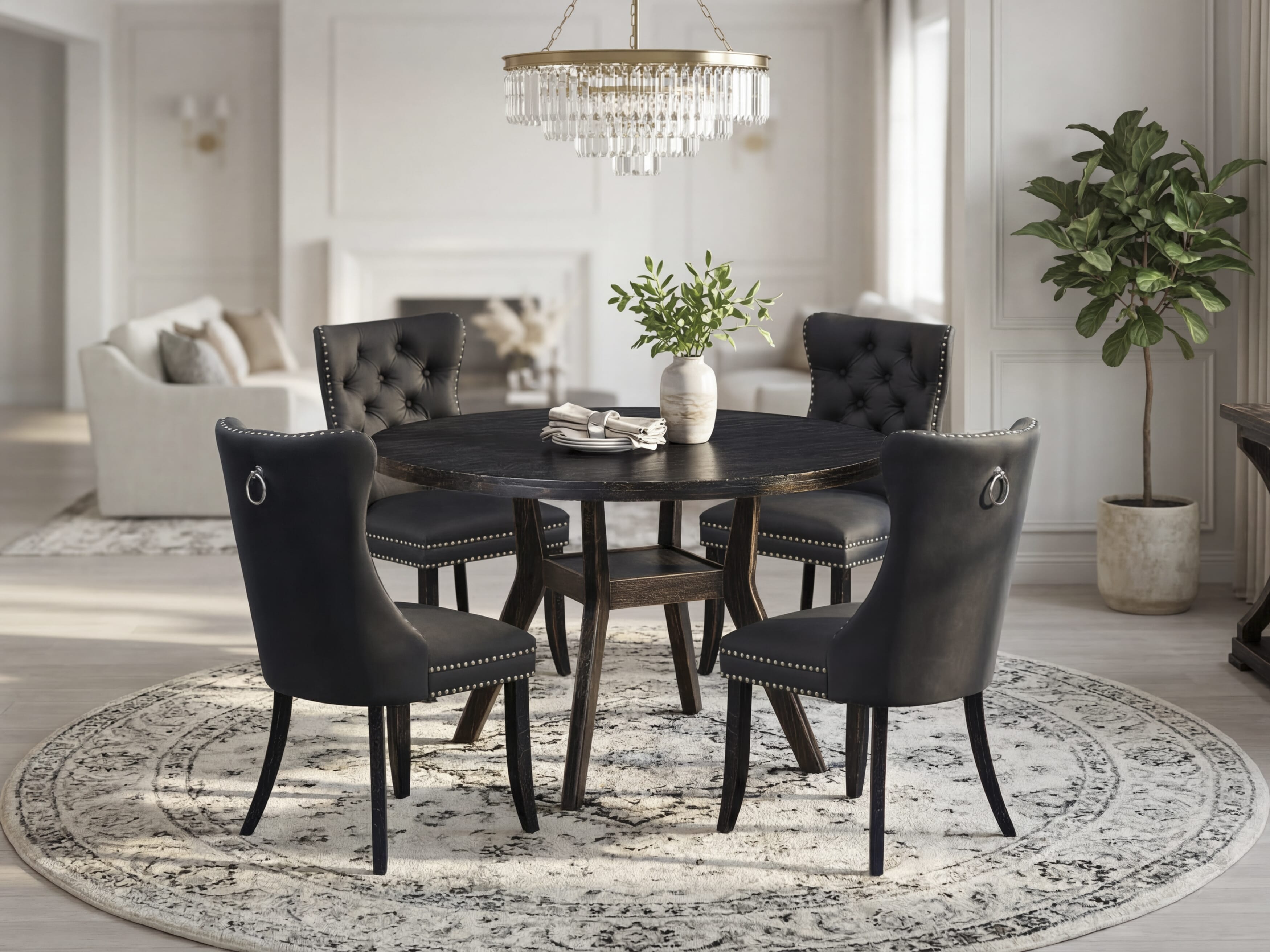 Luxe by East West Furniture I8DA5-411-12 5-Piece Kitchen Table Set with Faux Leather 4 Dark Gray padded dining chairs, Button-Tufted Backs, and a 48"Round Table in Sand Blasted Black Finish.