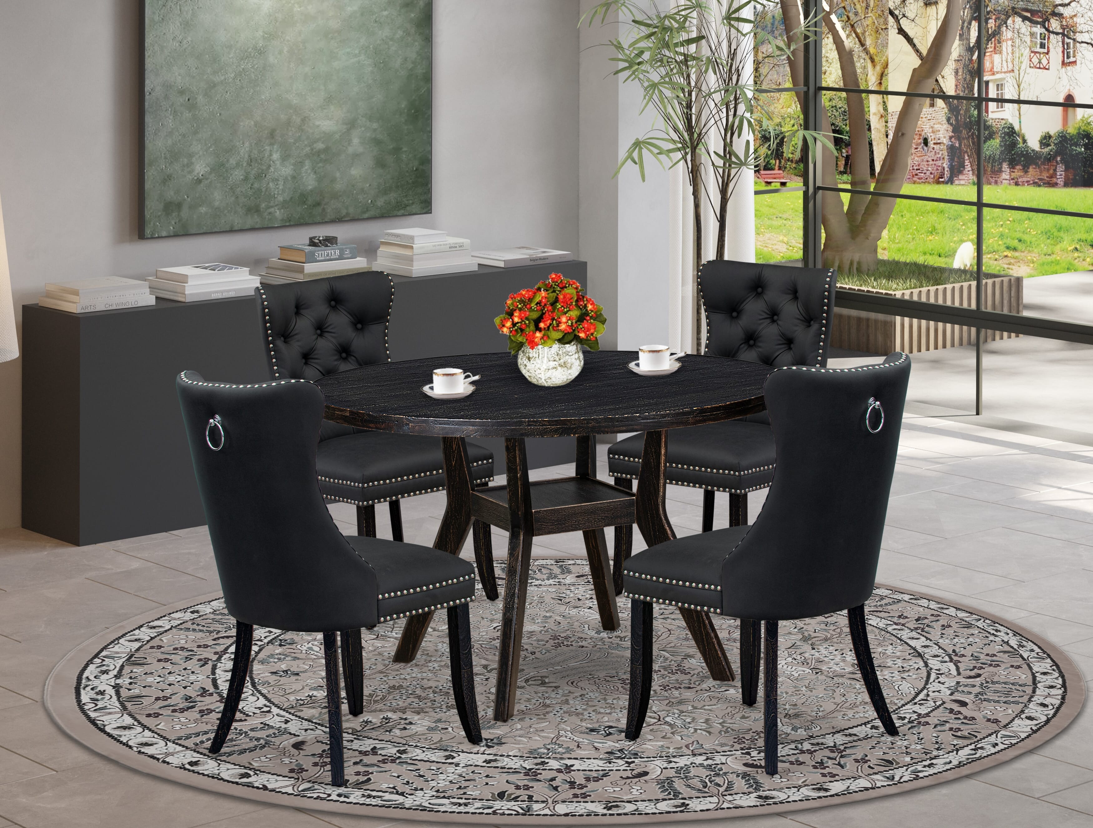 Luxe by East West Furniture I8DA5-411-12 5-Piece Kitchen Table Set with Faux Leather 4 Dark Gray padded dining chairs, Button-Tufted Backs, and a 48"Round Table in Sand Blasted Black Finish.