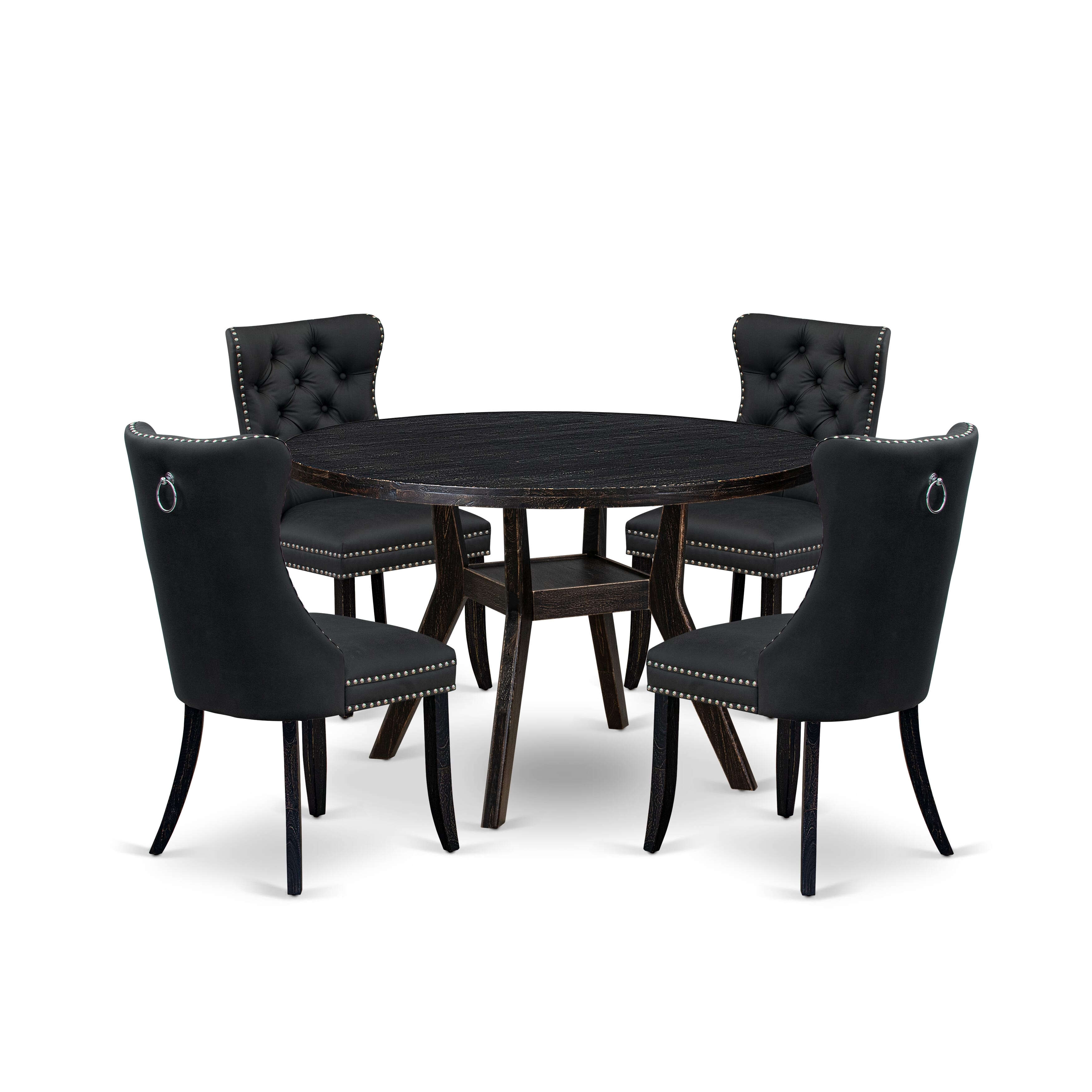 Luxe by East West Furniture I8DA5-411-12 5-Piece Kitchen Table Set with Faux Leather 4 Dark Gray padded dining chairs, Button-Tufted Backs, and a 48"Round Table in Sand Blasted Black Finish.