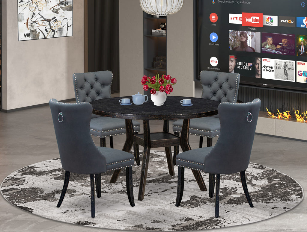 Luxe by East West Furniture I8DA5-411-13 5-piece Kitchen Table Set with Faux Leather 4 Platinum Gray dining room chairs, Button-Tufted Backs, and a 48"Round Dining Table in Sand Blasted Black Finish.