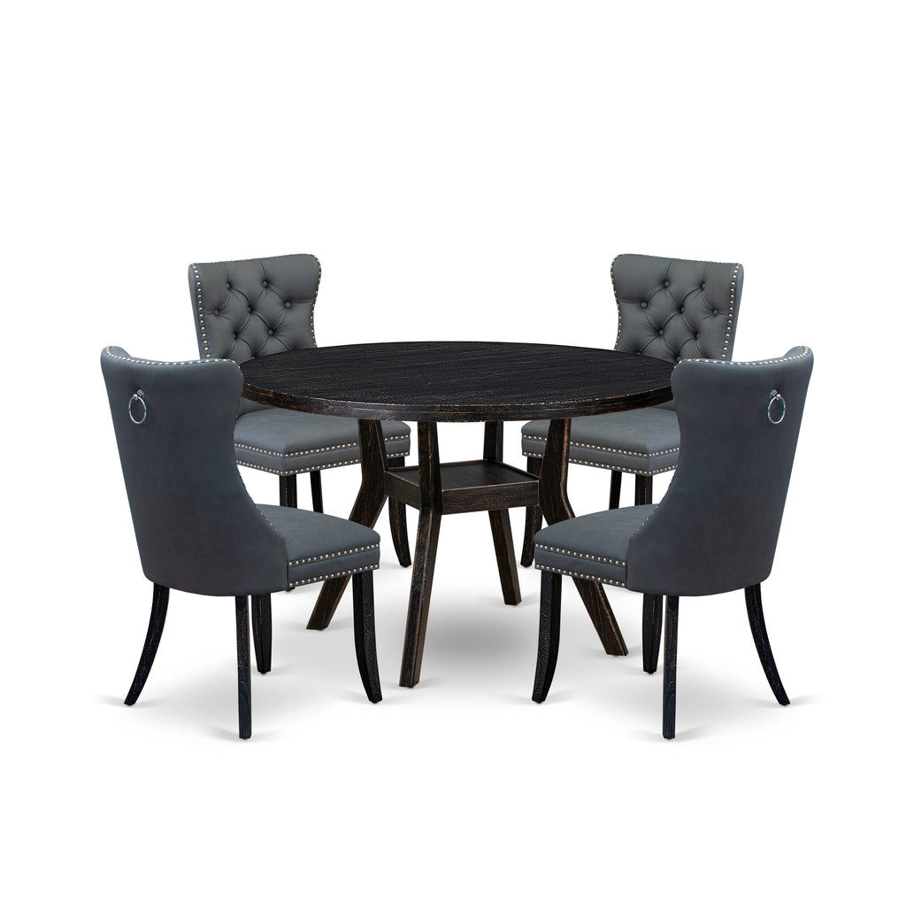 Luxe by East West Furniture I8DA5-411-13 5-piece Kitchen Table Set with Faux Leather 4 Platinum Gray dining room chairs, Button-Tufted Backs, and a 48"Round Dining Table in Sand Blasted Black Finish.
