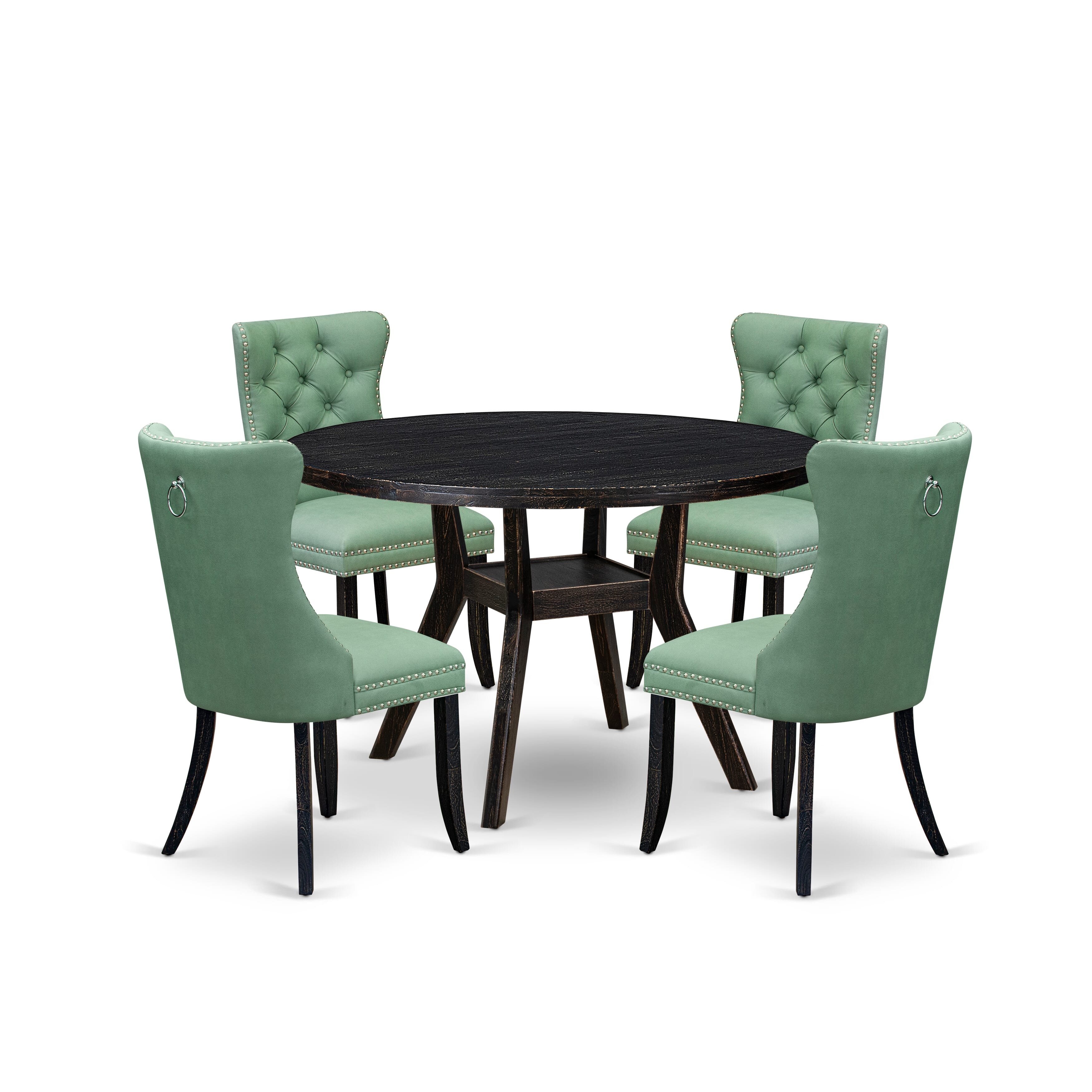 Luxe by East West Furniture I8DA5-411-22 5 Piece Dining Set Consists of a 48" Round Table with Pedestal and 4 Willow Green Faux Leather Upholstered Chairs, Sand Blasted Black