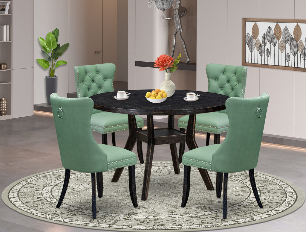 Luxe by East West Furniture I8DA5-411-22 5 Piece Dining Set Consists of a 48" Round Table with Pedestal and 4 Willow Green Faux Leather Upholstered Chairs, Sand Blasted Black