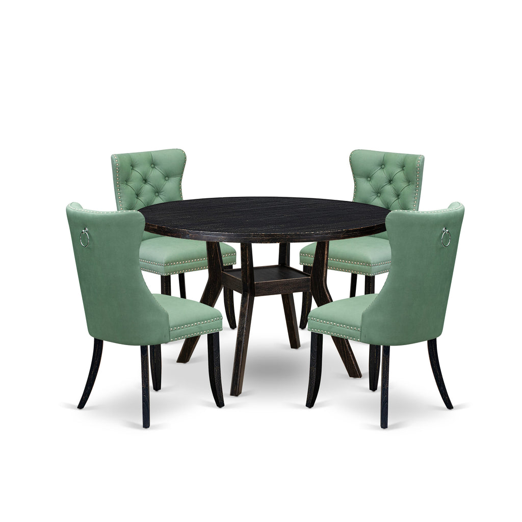 Luxe by East West Furniture I8DA5-411-22 5 Piece Dining Set Consists of a 48" Round Table with Pedestal and 4 Willow Green Faux Leather Upholstered Chairs, Sand Blasted Black