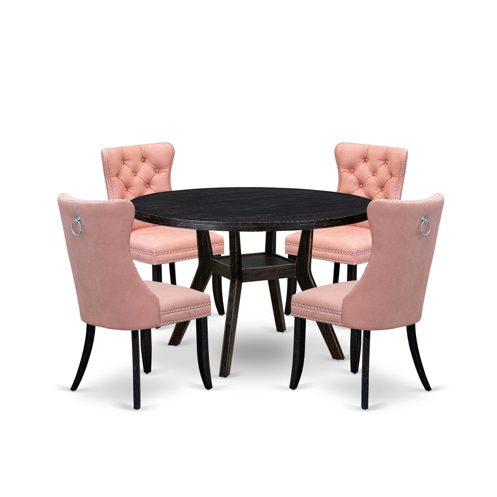 Luxe by East West Furniture I8DA5-411-23 5 Piece Dining Set for 4 Consists of a 48" Round Table with Pedestal and 4 Beige Red Faux Leather Padded Chairs, Sand Blasted Black