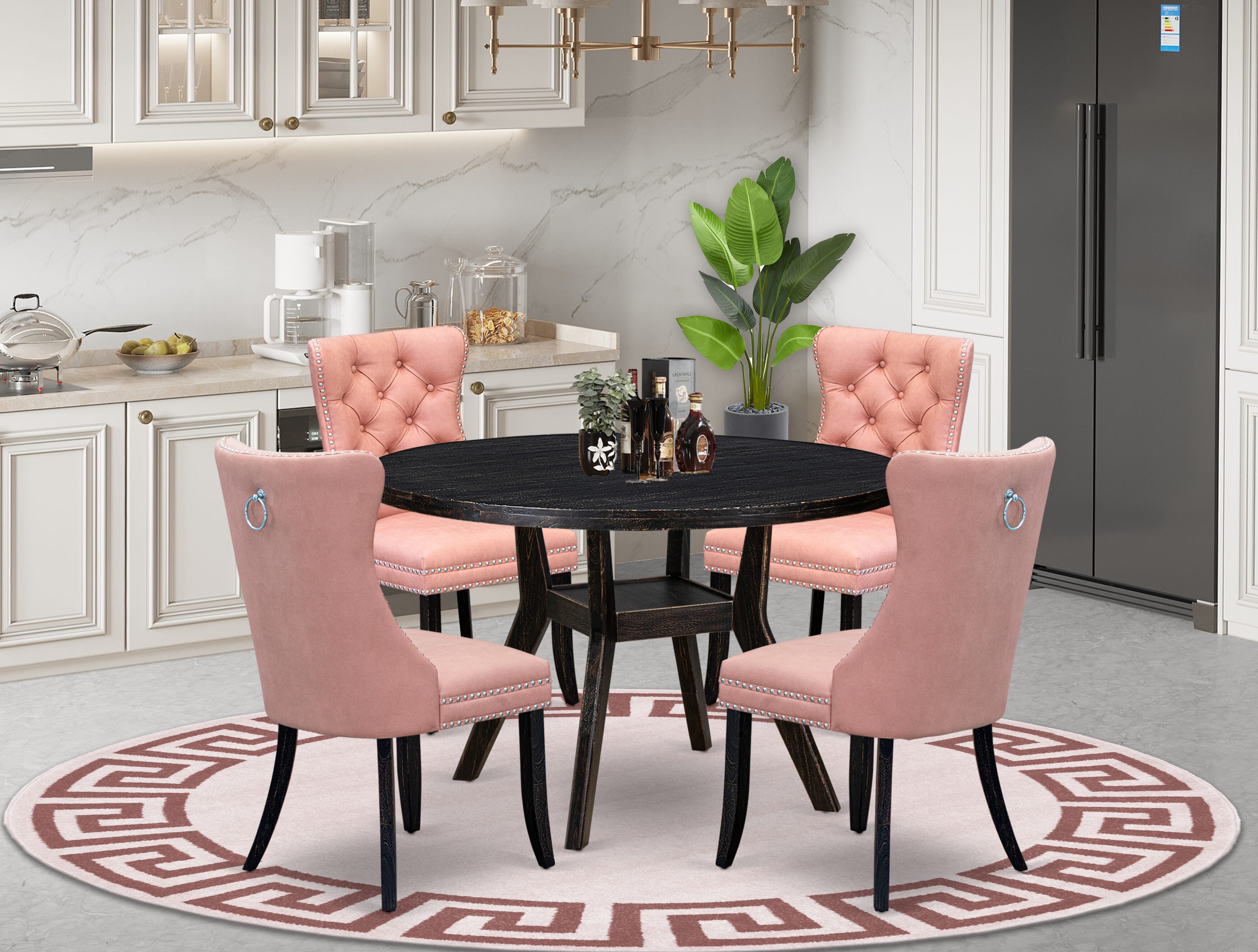 Luxe by East West Furniture I8DA5-411-23 5 Piece Dining Set for 4 Consists of a 48" Round Table with Pedestal and 4 Beige Red Faux Leather Padded Chairs, Sand Blasted Black