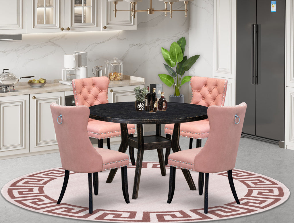 Luxe by East West Furniture I8DA5-411-23 5 Piece Dining Set for 4 Consists of a 48" Round Table with Pedestal and 4 Beige Red Faux Leather Padded Chairs, Sand Blasted Black