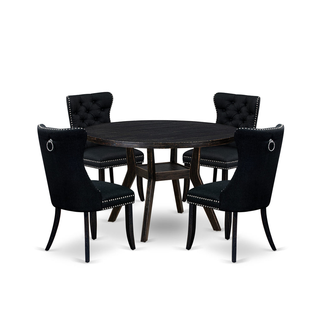 Luxe by East West Furniture I8DA5-411-24 5-piece Dining Table Set included a dining table and 4 Black Linen Fabric dining chairs with Button Tufted Back - Sand Blasted Black