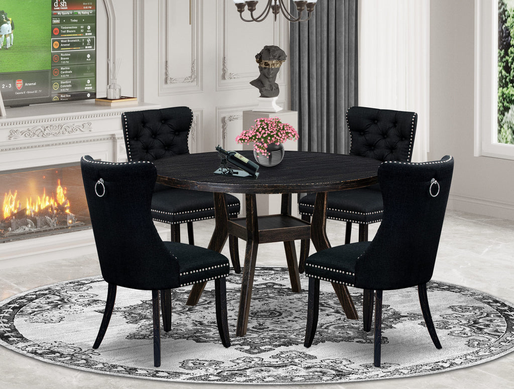 Luxe by East West Furniture I8DA5-411-24 5-piece Dining Table Set included a dining table and 4 Black Linen Fabric dining chairs with Button Tufted Back - Sand Blasted Black