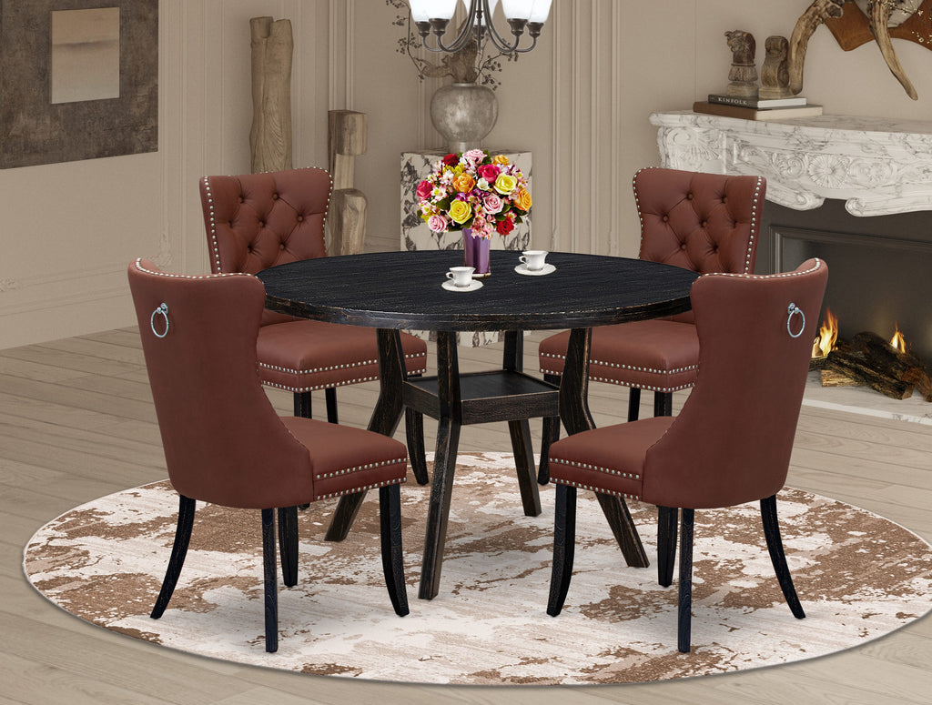 Luxe by East West Furniture I8DA5-411-26 5 Piece Dining Table Set Consists of a 48" Round Table with Pedestal and 4 Burgandy Faux Leather Parson Chairs, Sand Blasted Black