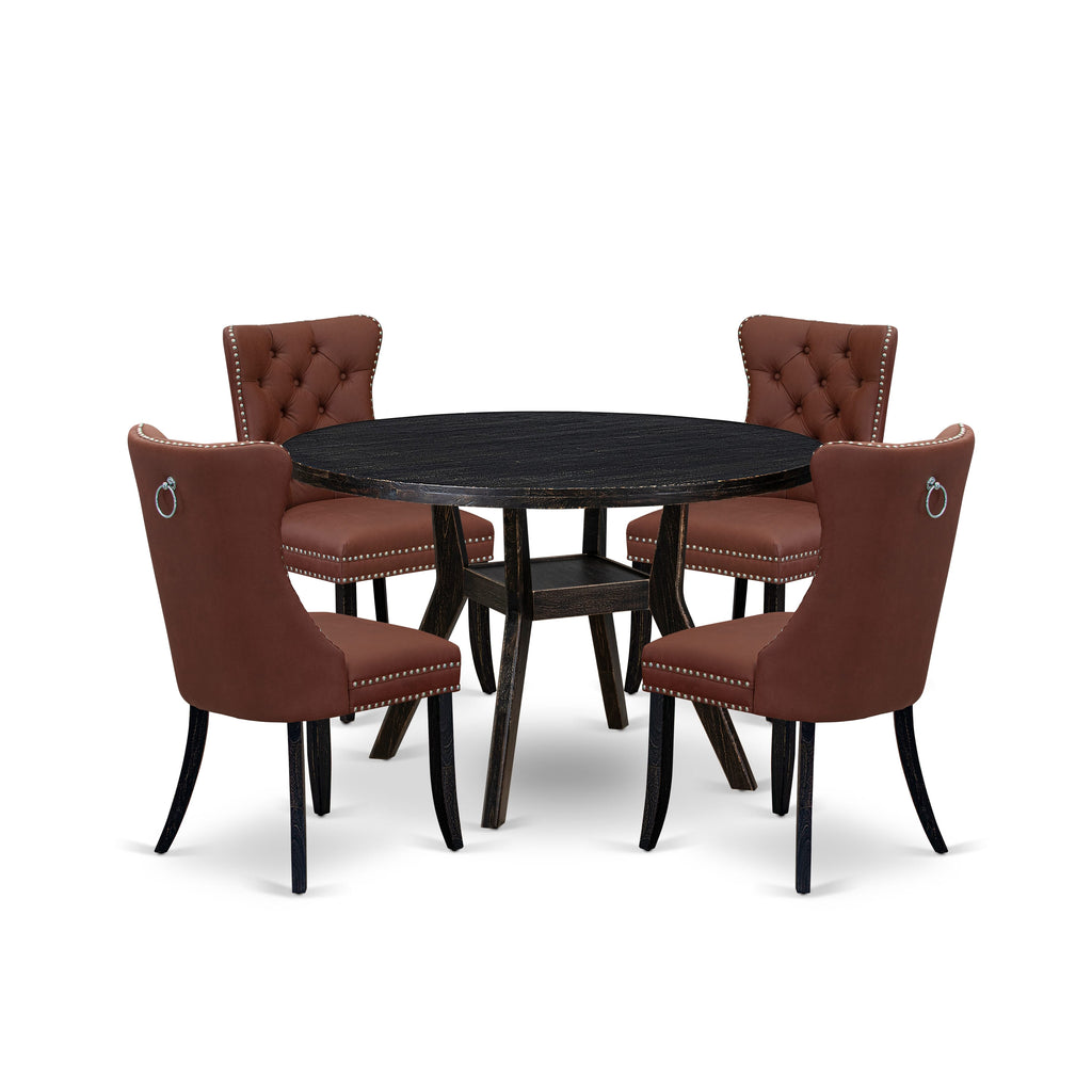 Luxe by East West Furniture I8DA5-411-26 5 Piece Dining Table Set Consists of a 48" Round Table with Pedestal and 4 Burgandy Faux Leather Parson Chairs, Sand Blasted Black