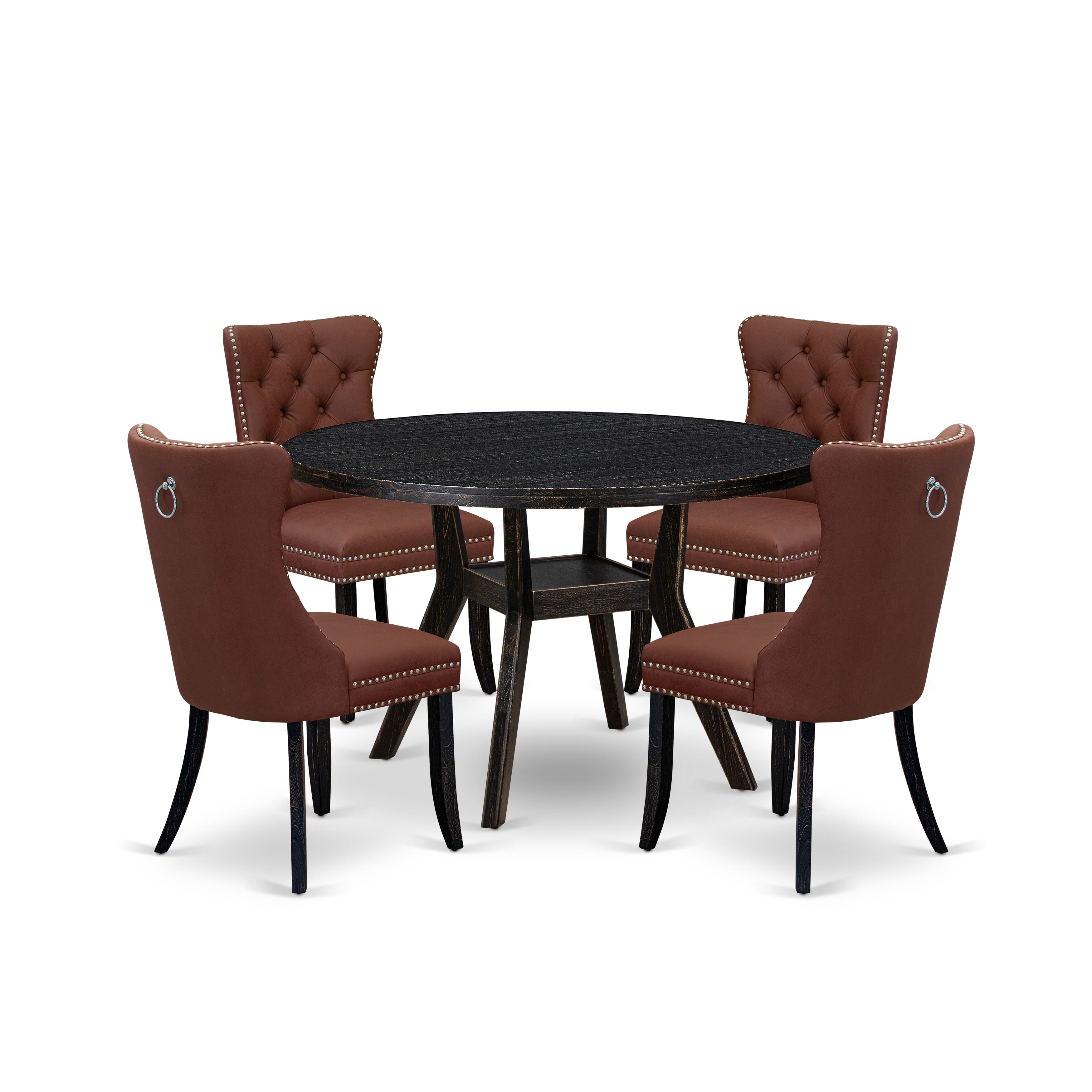 Luxe by East West Furniture I8DA5-411-26 5 Piece Dining Table Set Consists of a 48" Round Table with Pedestal and 4 Burgandy Faux Leather Parson Chairs, Sand Blasted Black