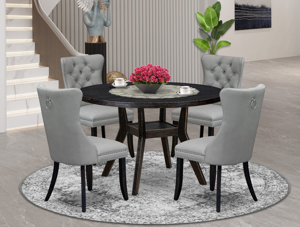 Luxe by East West Furniture I8DA5-411-27 5 Piece Dining Table Set Consists of a 48" Round Table with Pedestal and 4 Light Gray Faux Leather Parson Chairs, Sand Blasted Black