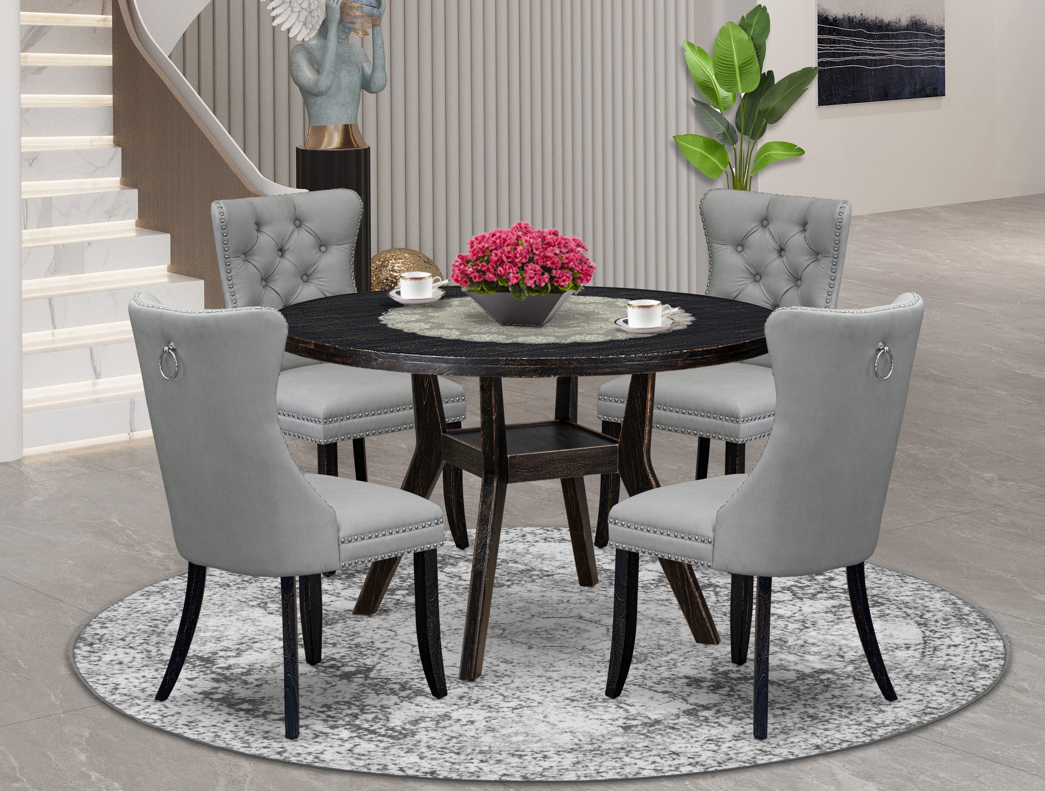Luxe by East West Furniture I8DA5-411-27 5 Piece Dining Table Set Consists of a 48" Round Table with Pedestal and 4 Light Gray Faux Leather Parson Chairs, Sand Blasted Black