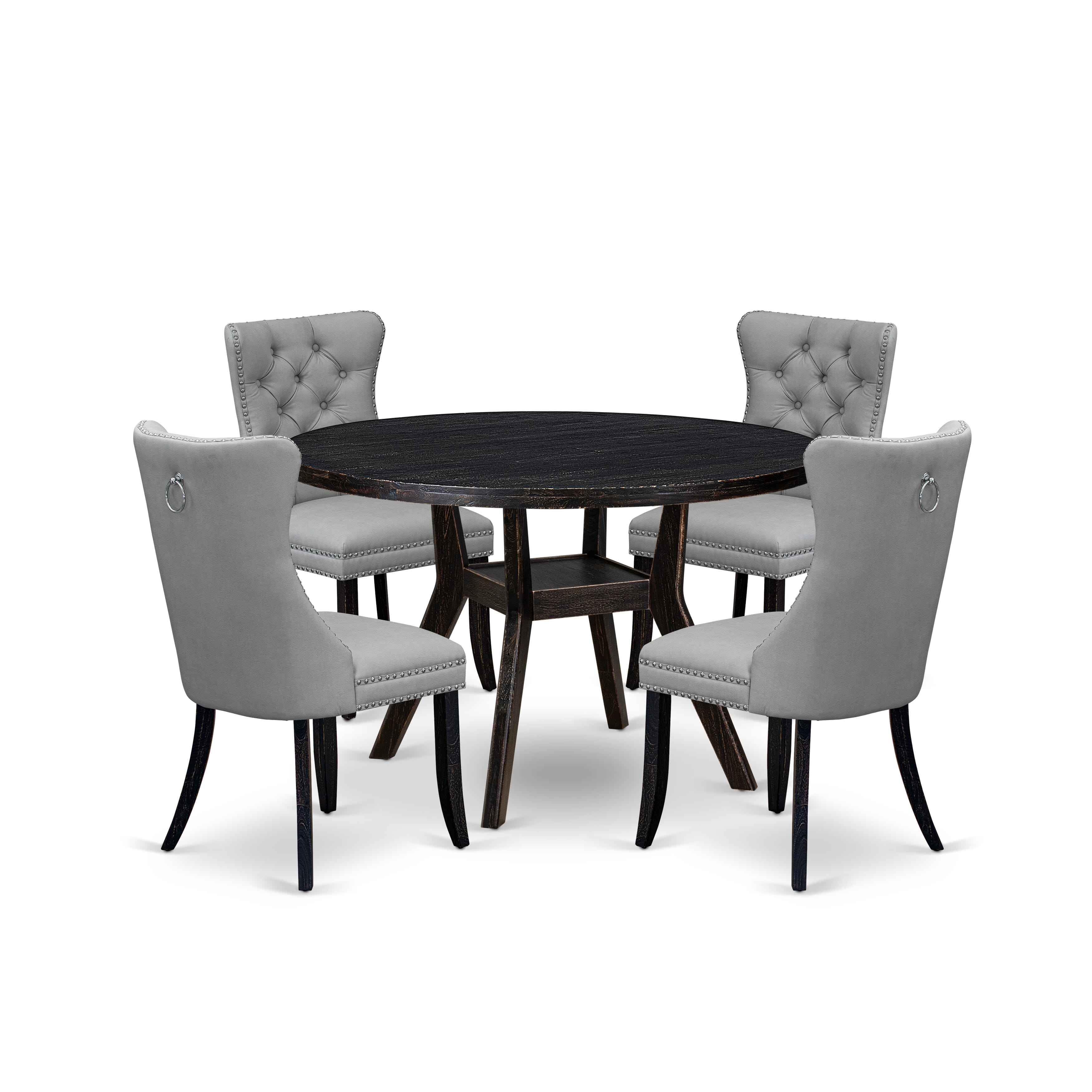 Luxe by East West Furniture I8DA5-411-27 5 Piece Dining Table Set Consists of a 48" Round Table with Pedestal and 4 Light Gray Faux Leather Parson Chairs, Sand Blasted Black