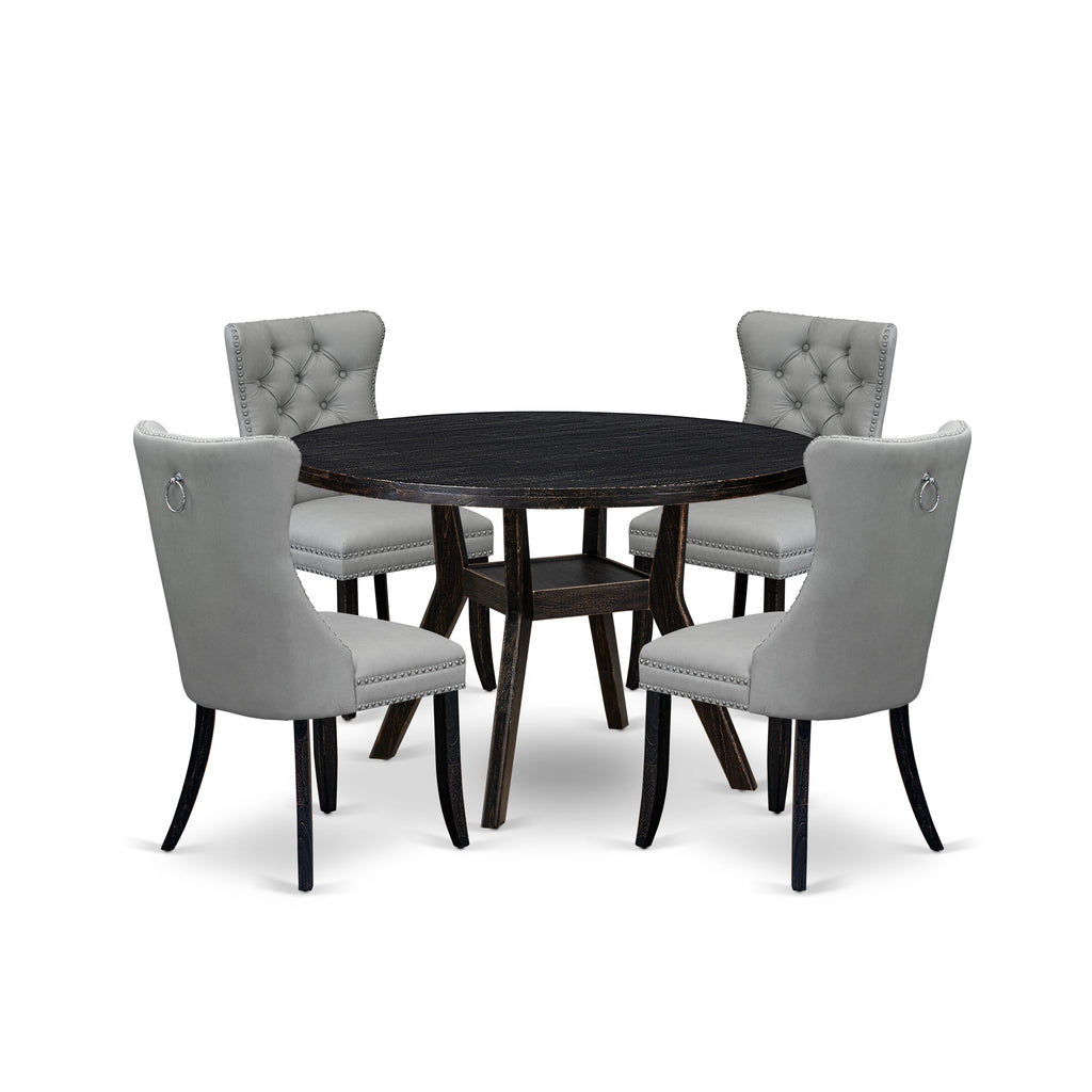 Luxe by East West Furniture I8DA5-411-27 5 Piece Dining Table Set Consists of a 48" Round Table with Pedestal and 4 Light Gray Faux Leather Parson Chairs, Sand Blasted Black