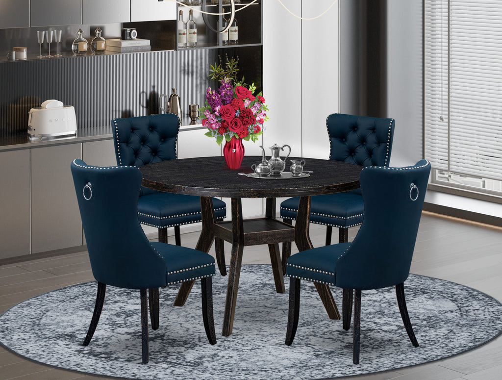 Luxe by East West Furniture I8DA5-411-29 5 Piece Dining Table Set Consists of a 48" Round Table with Pedestal and 4 Navy Blue Faux Leather Parson Chairs, Sand Blasted Black