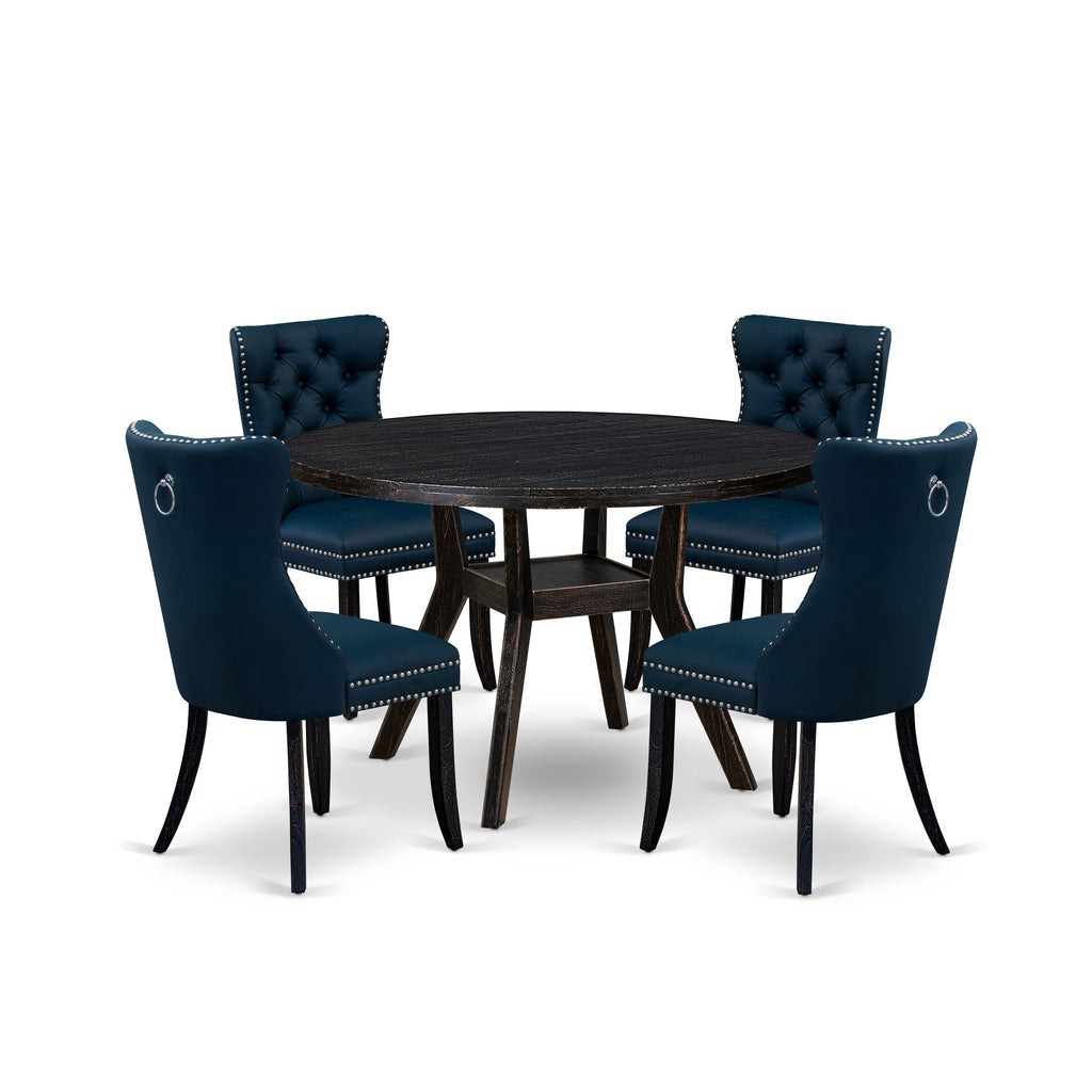 Luxe by East West Furniture I8DA5-411-29 5 Piece Dining Table Set Consists of a 48" Round Table with Pedestal and 4 Navy Blue Faux Leather Parson Chairs, Sand Blasted Black