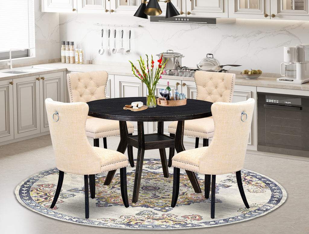 Luxe by East West Furniture I8DA5-411-32 5-pc Dining Room Set contains a dining table and 4 Light Beige Linen Fabric dining chair with Button Tufted Back - Sand Blasted Black