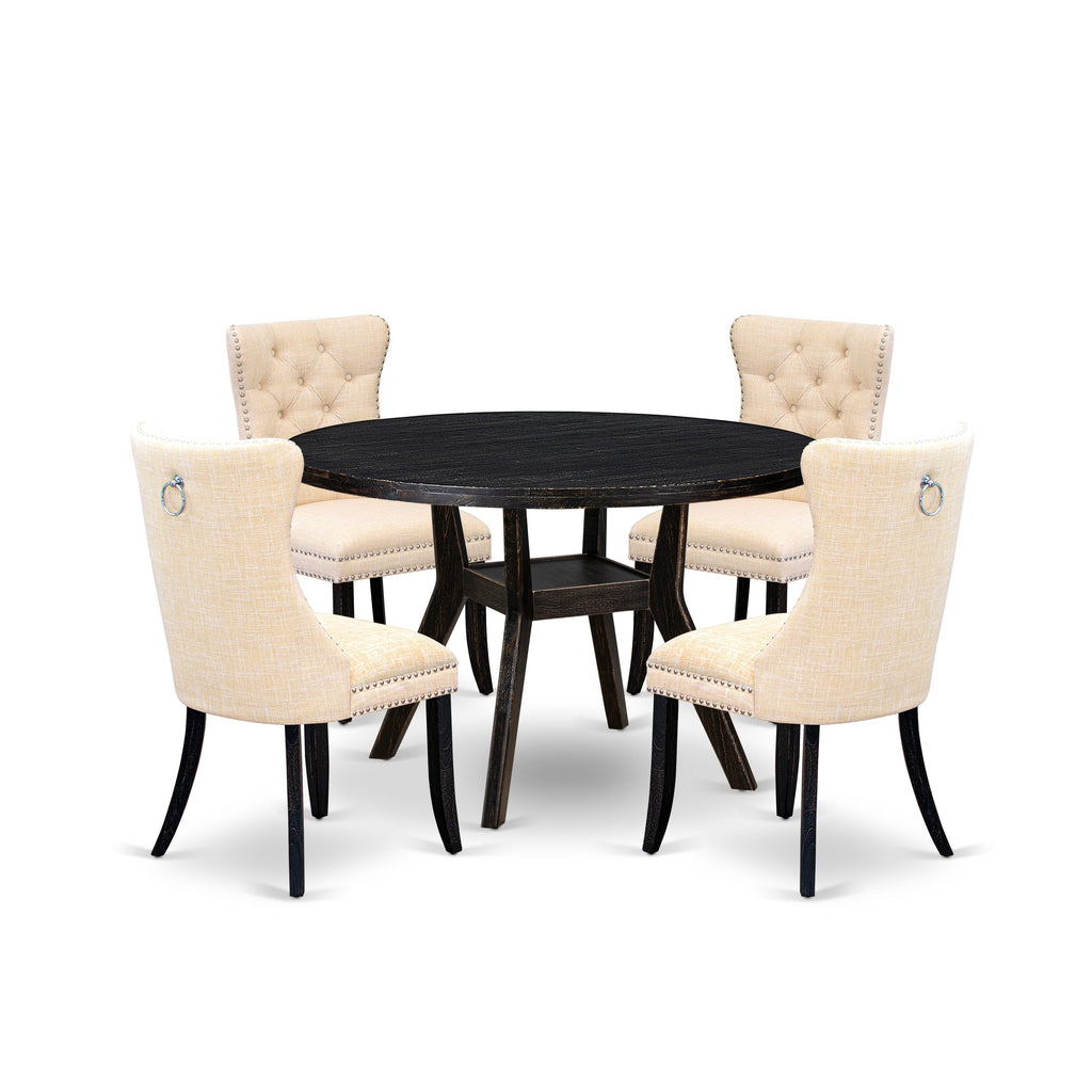 Luxe by East West Furniture I8DA5-411-32 5-pc Dining Room Set contains a dining table and 4 Light Beige Linen Fabric dining chair with Button Tufted Back - Sand Blasted Black
