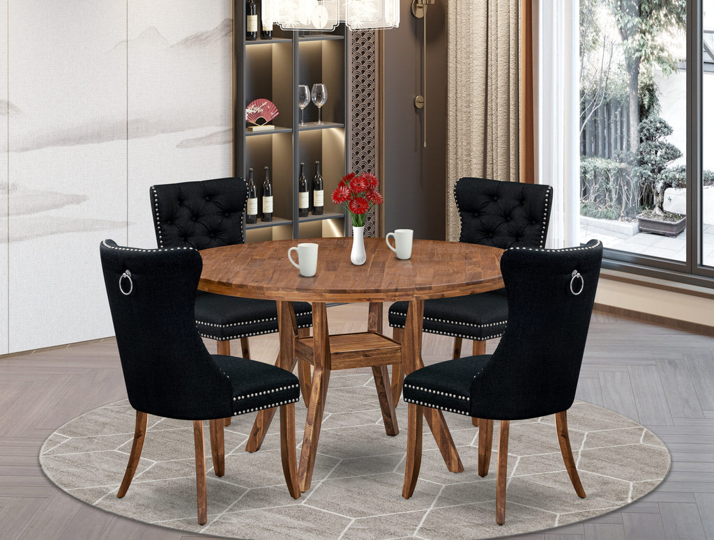 Luxe by East West Furniture I8DA5-50N-24 5-Piece Kitchen Table Set with Linen Fabric 4 Black parson dining chairs, Button-Tufted Backs, and a 54"Round Table in Antique Walnut Finish.