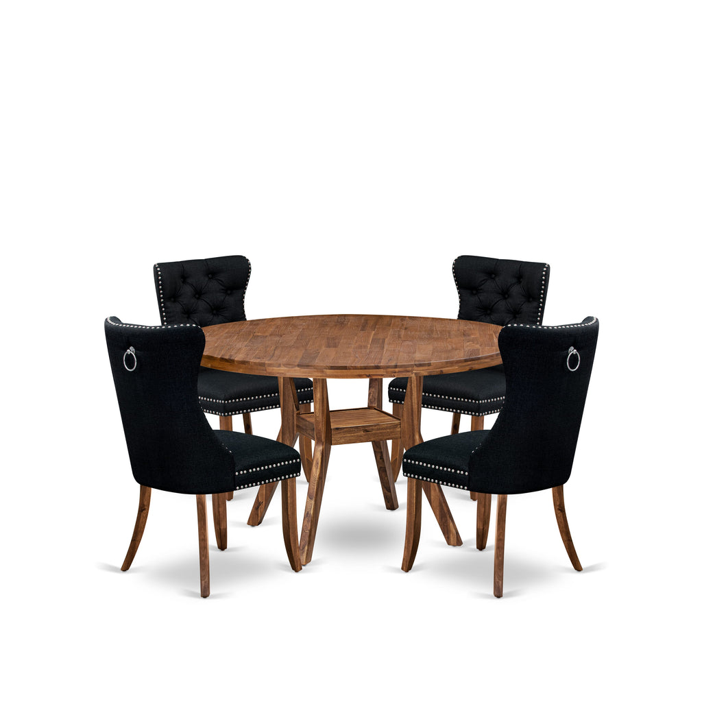 Luxe by East West Furniture I8DA5-50N-24 5-Piece Kitchen Table Set with Linen Fabric 4 Black parson dining chairs, Button-Tufted Backs, and a 54"Round Table in Antique Walnut Finish.