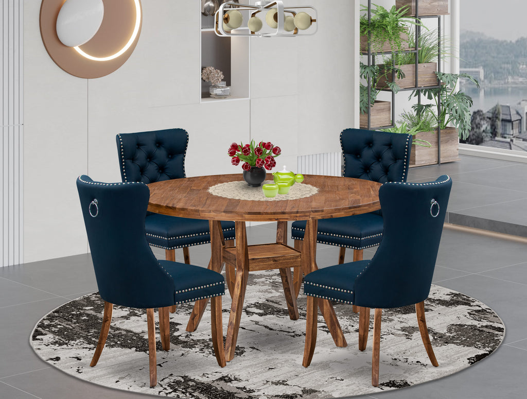 Luxe by East West Furniture I8DA5-50N-29 5-Piece Kitchen Set with Faux Leather 4 Navy Blue dining chairs, Button-Tufted Backs, and a 54"Round Table in Antique Walnut Finish.