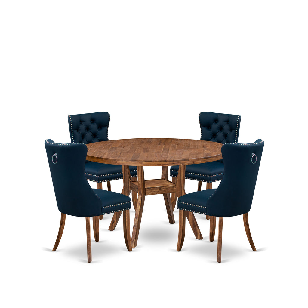 Luxe by East West Furniture I8DA5-50N-29 5-Piece Kitchen Set with Faux Leather 4 Navy Blue dining chairs, Button-Tufted Backs, and a 54"Round Table in Antique Walnut Finish.
