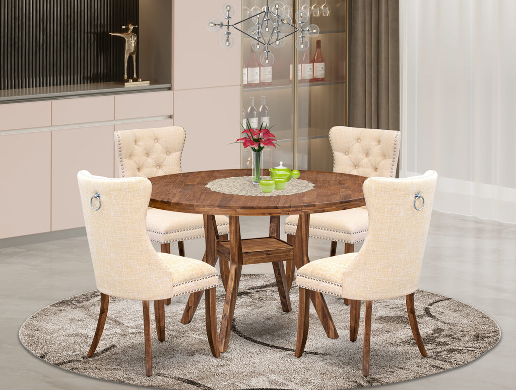 Luxe by East West Furniture I8DA5-50N-32 5-Piece Dining Table Set with Linen Fabric 4 Light Beige Dining chairs, Button-Tufted Backs, and a 54"Round Table in Antique Walnut Finish.