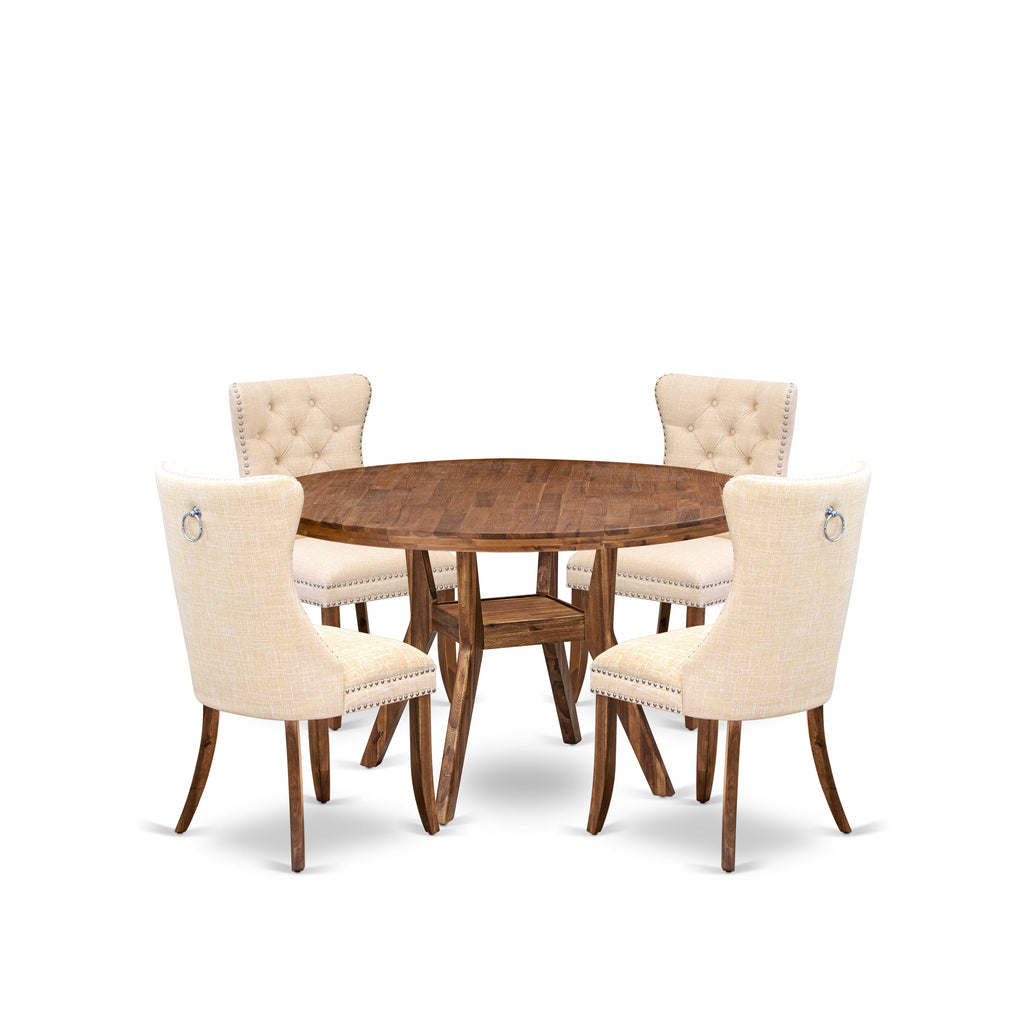 Luxe by East West Furniture I8DA5-50N-32 5-Piece Dining Table Set with Linen Fabric 4 Light Beige Dining chairs, Button-Tufted Backs, and a 54"Round Table in Antique Walnut Finish.