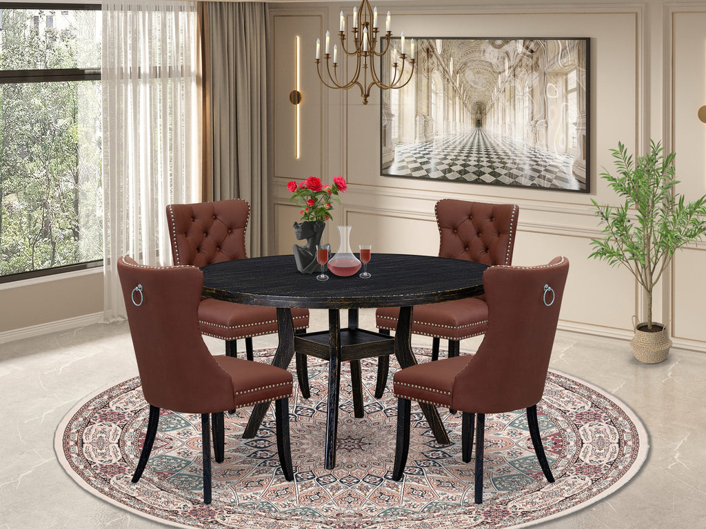 Luxe by East West Furniture I8DA5-511-26 5 Piece Dining Table Set Consists of a 54" Round Table with Pedestal and 4 Burgandy Faux Leather Parson Chairs, Sand Blasted Black