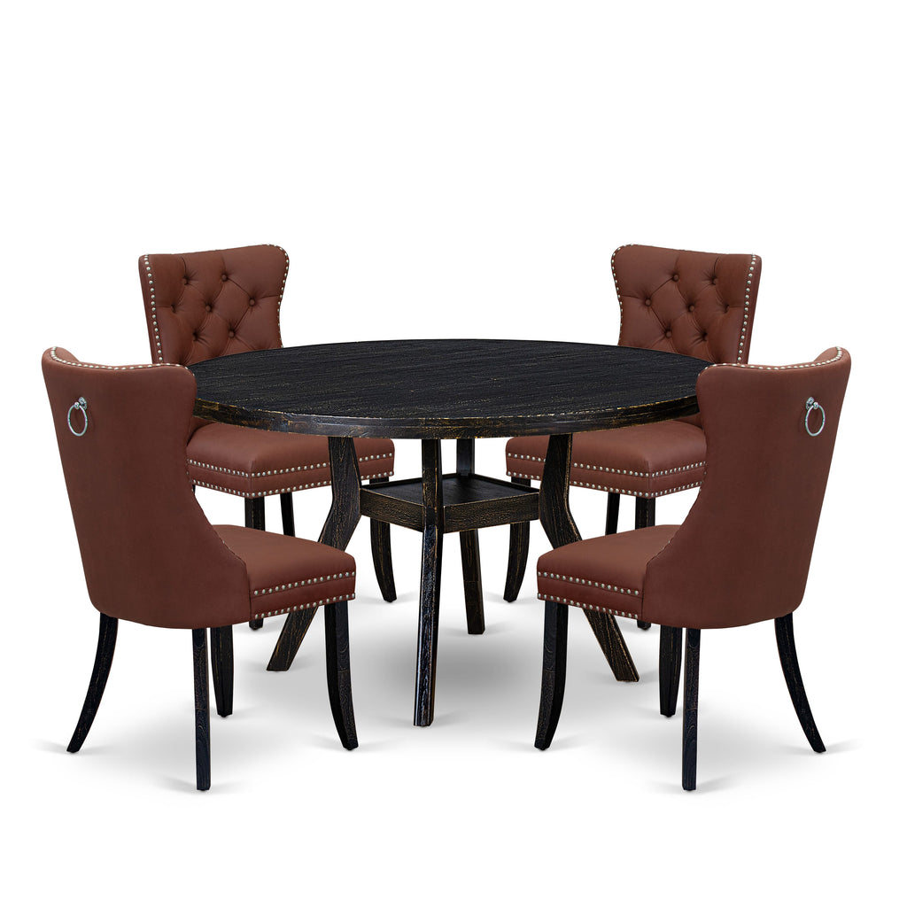 Luxe by East West Furniture I8DA5-511-26 5 Piece Dining Table Set Consists of a 54" Round Table with Pedestal and 4 Burgandy Faux Leather Parson Chairs, Sand Blasted Black