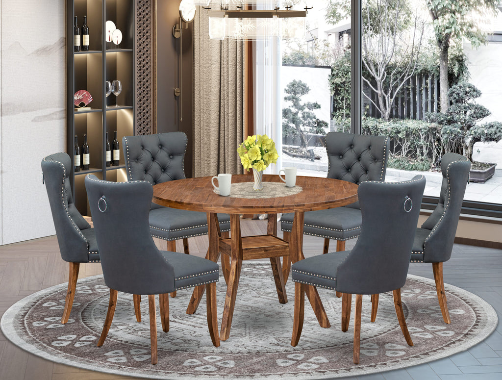 Luxe by East West Furniture I8DA7-40N-13 7-piece Mid-century Dining table set consists of a Dining Table and 6 Platinum Gray Faux Leather Dining Chairs with Button Tufted Back - Antique Walnut Finish
