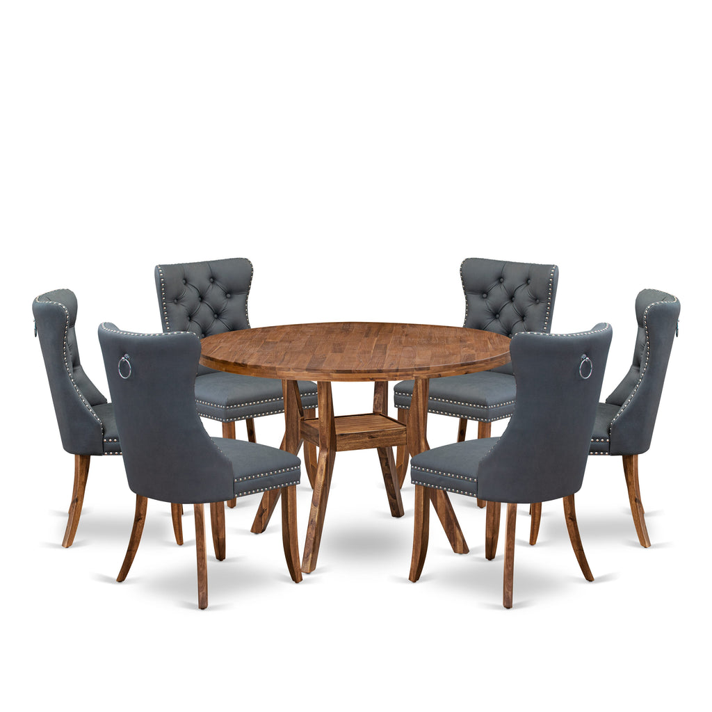 Luxe by East West Furniture I8DA7-40N-13 7-piece Mid-century Dining table set consists of a Dining Table and 6 Platinum Gray Faux Leather Dining Chairs with Button Tufted Back - Antique Walnut Finish