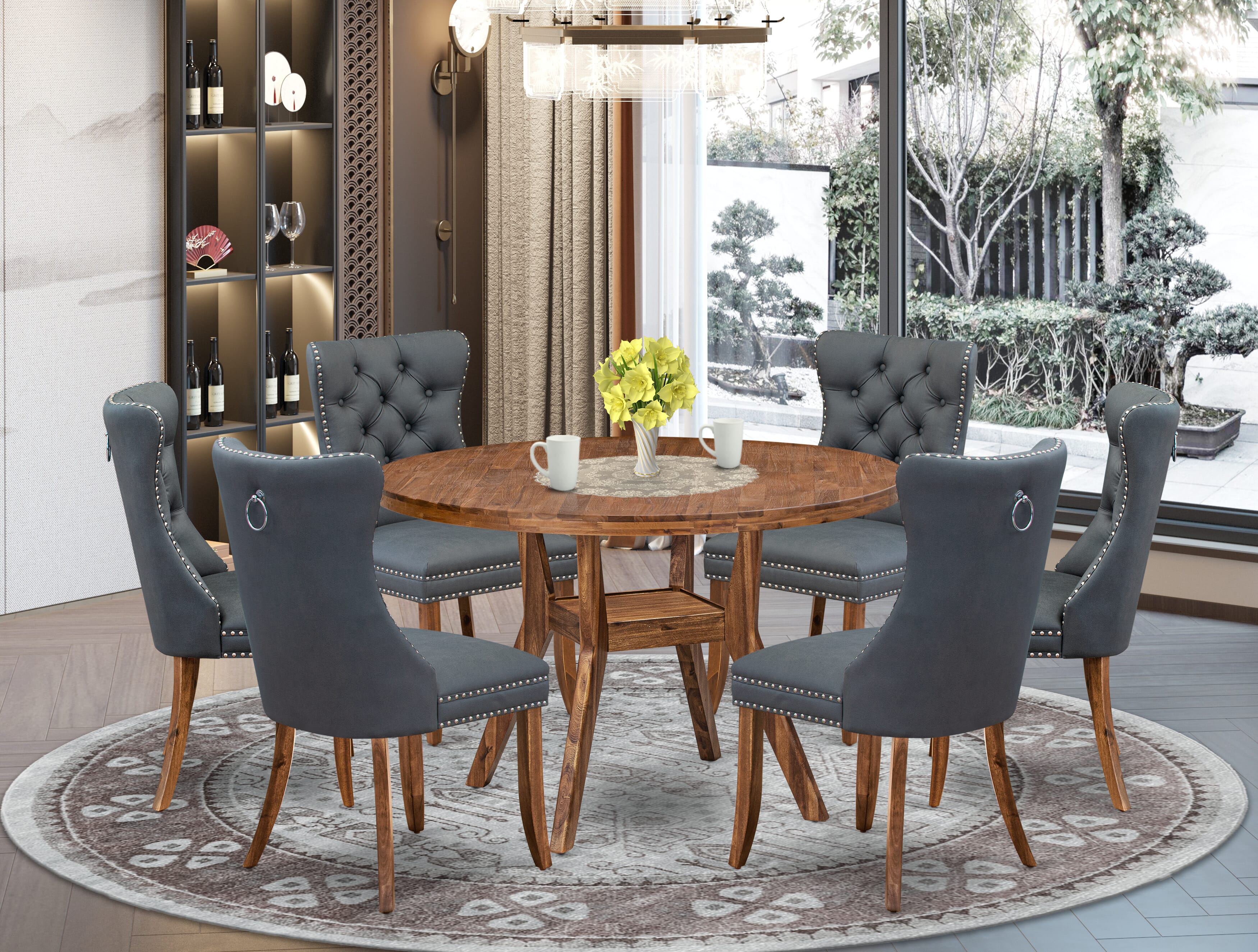 Luxe by East West Furniture I8DA7-40N-13 7-piece Mid-century Dining table set consists of a Dining Table and 6 Platinum Gray Faux Leather Dining Chairs with Button Tufted Back - Antique Walnut Finish