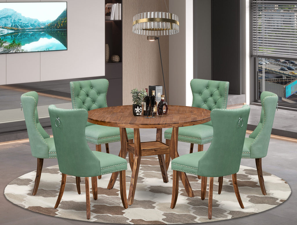 Luxe by East West Furniture I8DA7-40N-22 7-Pc Kitchen Table Set Include a Table and 6 Willow Green Faux Leather Upholstered Chairs with Button-Tufted Back, Antique Walnut