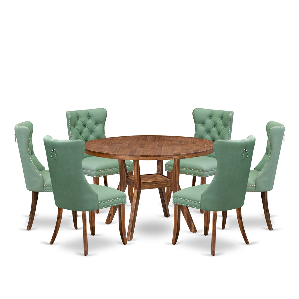 Luxe by East West Furniture I8DA7-40N-22 7-Pc Kitchen Table Set Include a Table and 6 Willow Green Faux Leather Upholstered Chairs with Button-Tufted Back, Antique Walnut