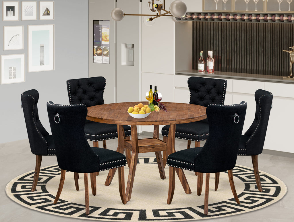 Luxe by East West Furniture I8DA7-40N-24 7-Piece Modern Dining Room Set with Linen Fabric 6 Black Dining chairs, Button-Tufted Backs, and a 48"Round Table in Antique Walnut Finish.