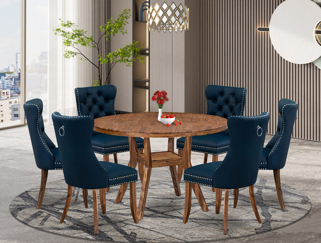 Luxe by East West Furniture I8DA7-40N-29 7-Piece Dining Room Set with Faux Leather 6 Navy Blue kitchen chairs, Button-Tufted Backs, and a 48"Round Table in Antique Walnut Finish.