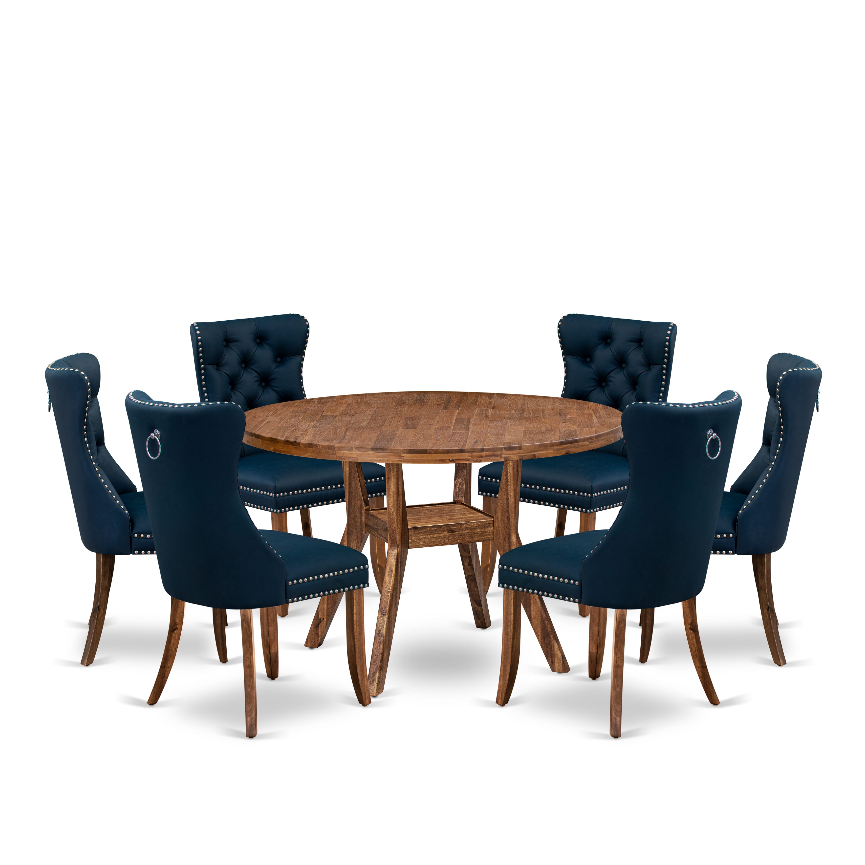 Luxe by East West Furniture I8DA7-40N-29 7-Piece Dining Room Set with Faux Leather 6 Navy Blue kitchen chairs, Button-Tufted Backs, and a 48"Round Table in Antique Walnut Finish.