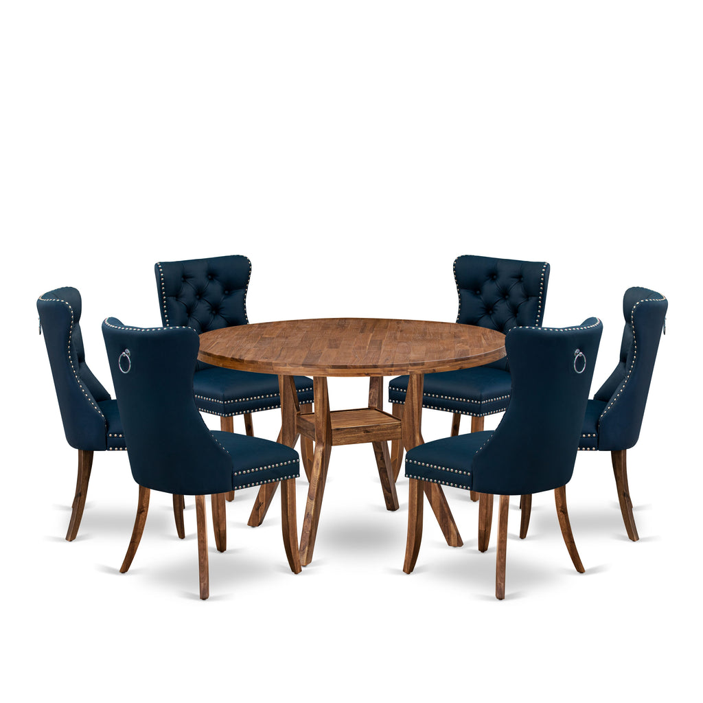 Luxe by East West Furniture I8DA7-40N-29 7-Piece Dining Room Set with Faux Leather 6 Navy Blue kitchen chairs, Button-Tufted Backs, and a 48"Round Table in Antique Walnut Finish.