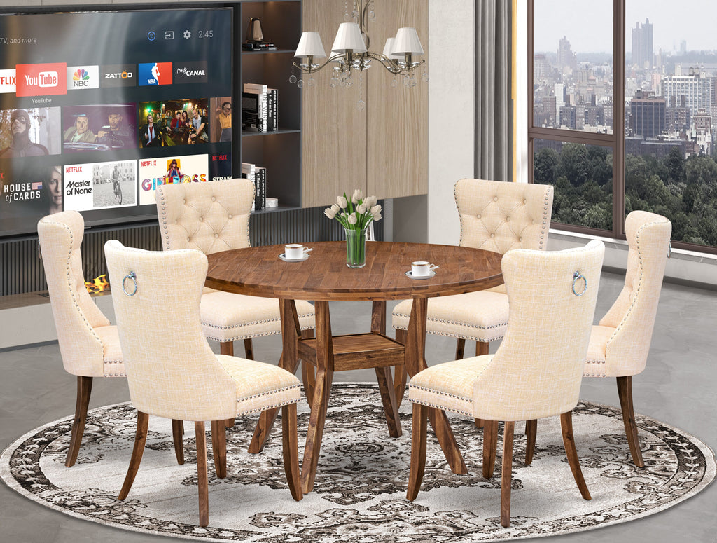 Luxe by East West Furniture I8DA7-40N-32 7-Piece Kitchen Table Set with Linen Fabric 6 Light Beige Dining chairs, Button-Tufted Backs, and a 48"Round Dinner Table in Antique Walnut Finish.