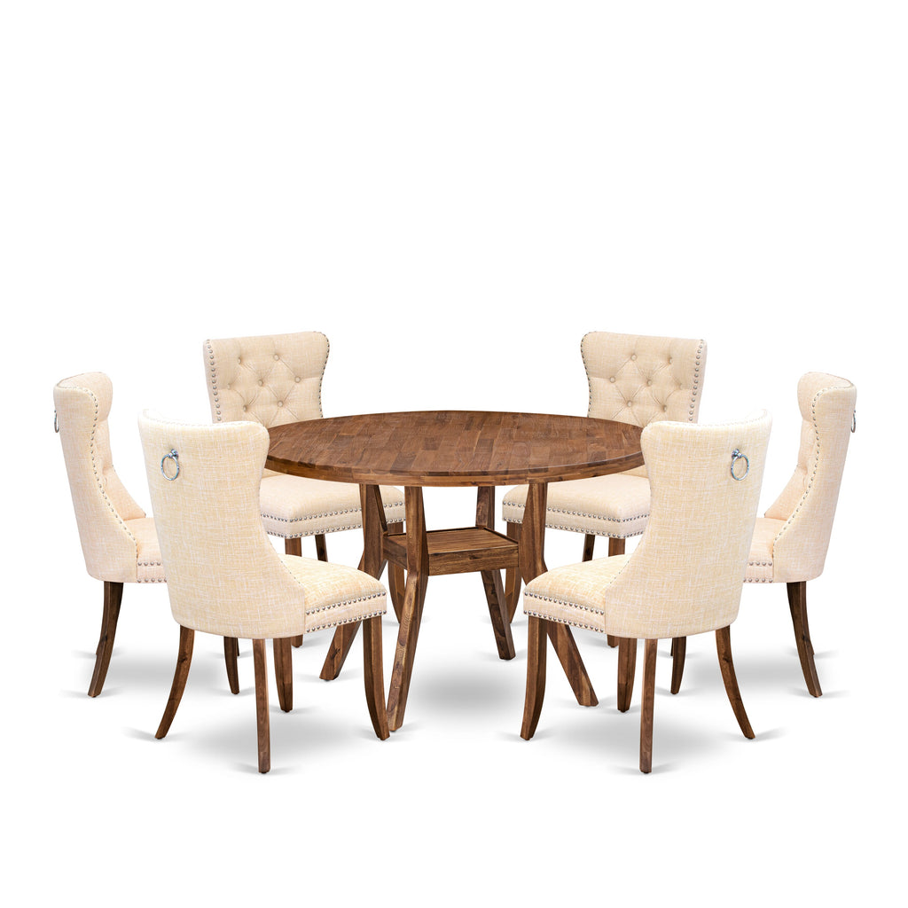 Luxe by East West Furniture I8DA7-40N-32 7-Piece Kitchen Table Set with Linen Fabric 6 Light Beige Dining chairs, Button-Tufted Backs, and a 48"Round Dinner Table in Antique Walnut Finish.